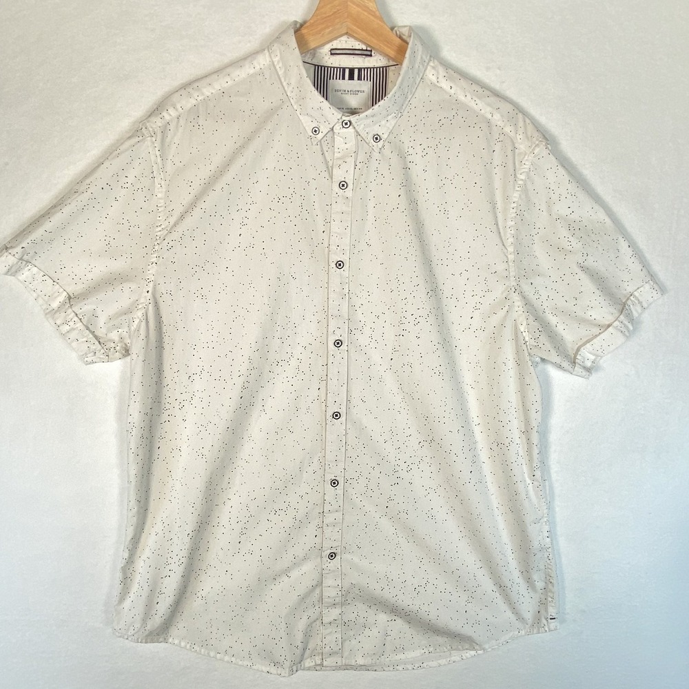 Denim‎ & Flower Button Down Mens XL White Speckled Short Sleeve Cotton Casual
